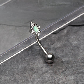 Detail View 1 of Mint Sparkle Ornate Curved Barbell Ring-Clear Gem/Mint Green